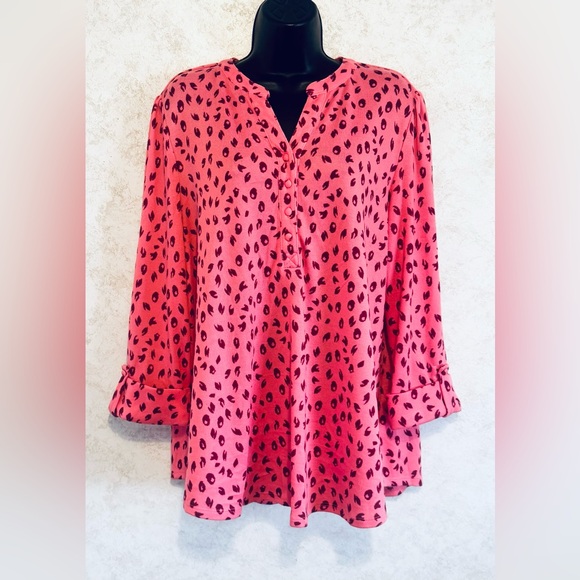 Kim Rogers Ladies Blouse 3/4 Tab Sleeve Pink Leopard Print Size XL Pull Over - Picture 1 of 15